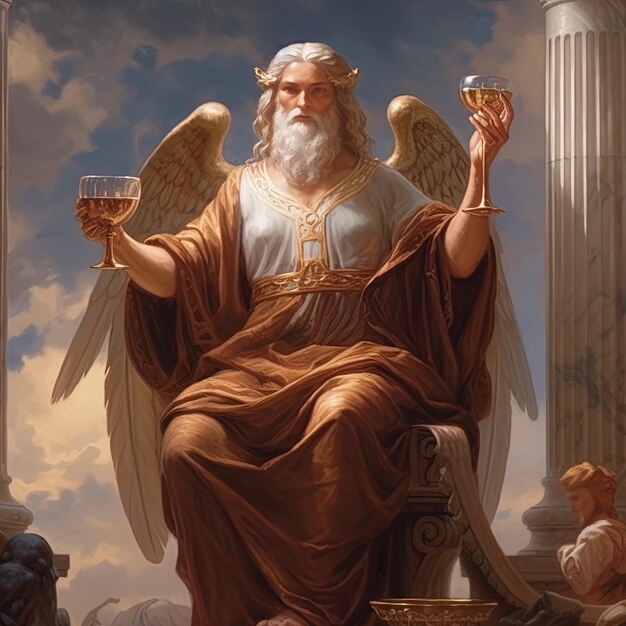 a painting of an angel holding a glass of wine