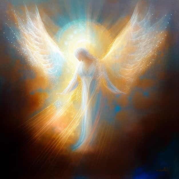 painting of an angel with a halo and a star in the sky generative ai