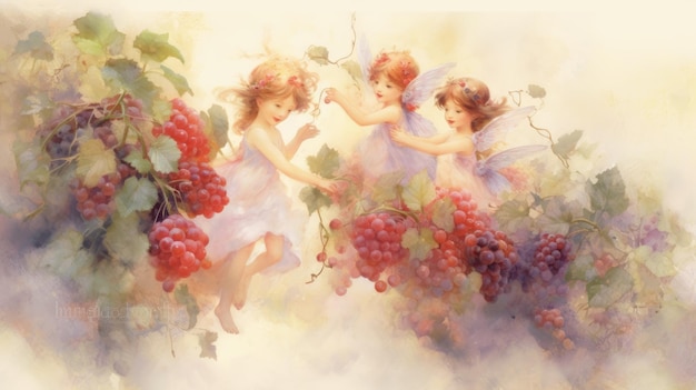 A painting of angels flying in the sky with grapes.