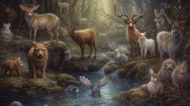 A painting of animals in a forest with a stream in the background.