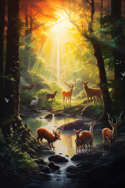 A painting of animals in the forest