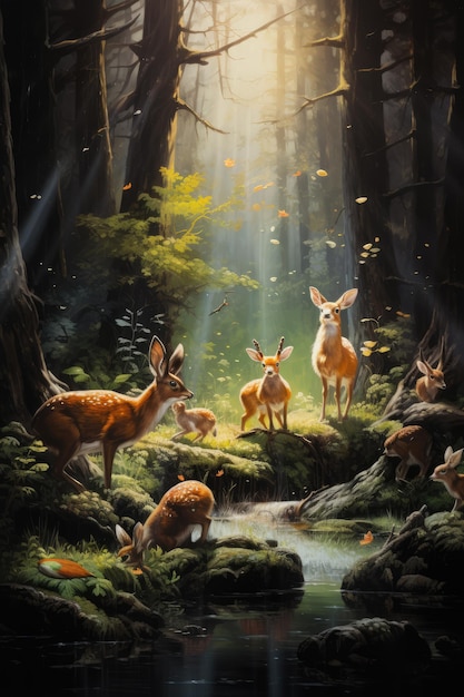 A painting of animals in the forest