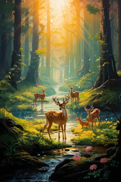 A painting of animals in the forest