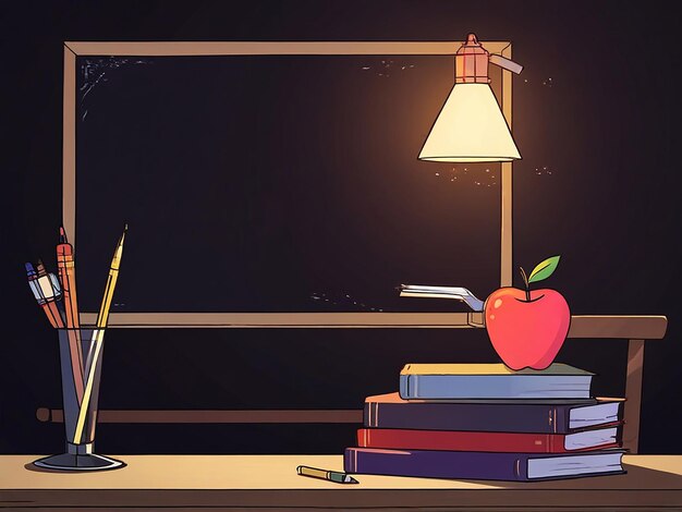 テーブル上のリンゴと筆の絵画