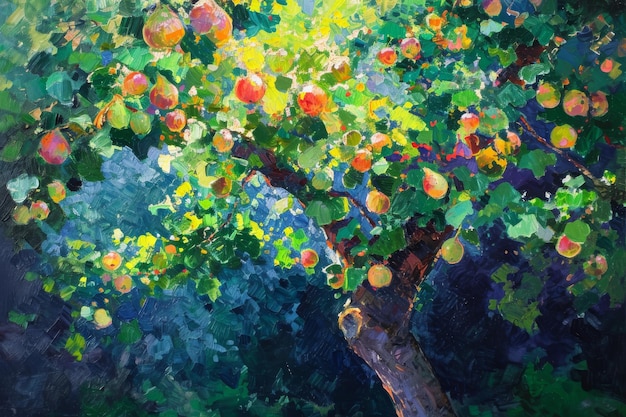 Картина яблоневого дерева с зелеными листьями Импрессионистское изображение смоковницы, загруженной зрелыми смоковниками