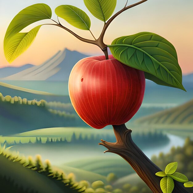 A painting of an apple with green leaves on it