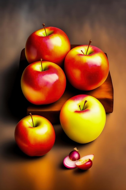 A painting of apples and an apple with a red and yellow color