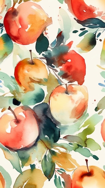 A painting of apples on a branch