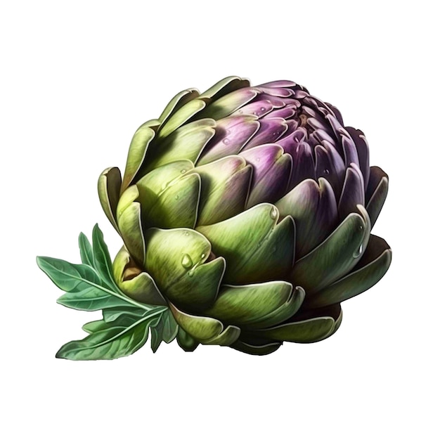 A painting of an artichoke with green leaves.