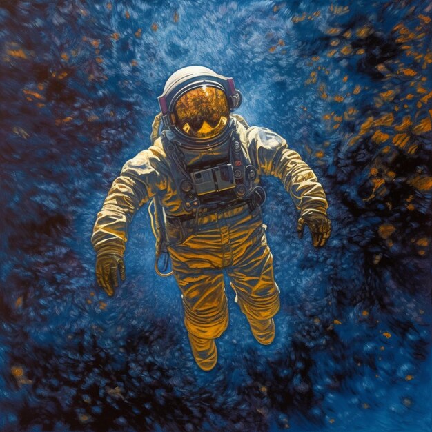 Foto dipinto di un astronauta che galleggia nello spazio con uno sfondo blu generativo ai