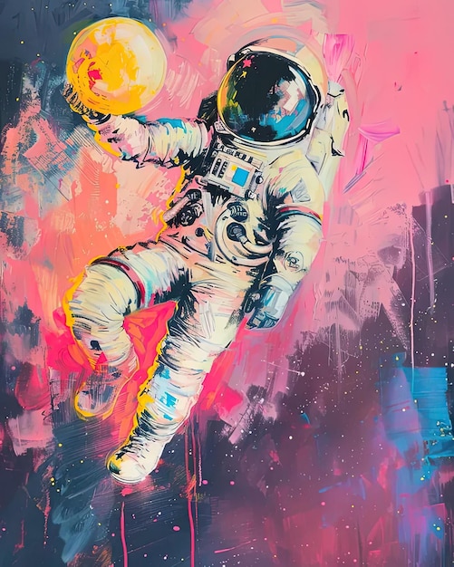 A painting of an astronaut floating in space