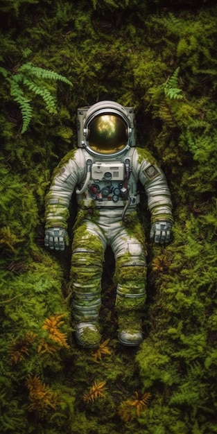 Photo a painting of an astronaut laying in the moss.