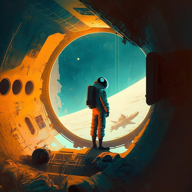 Photo a painting of a astronaut looking out of a space station.