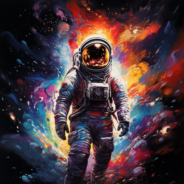 painting of an astronaut in a space suit walking through a galaxy generative ai