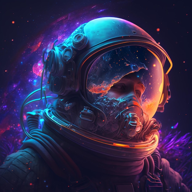 보라색과 파란색 배경의 헬멧을 쓴 우주비행사의 그림.