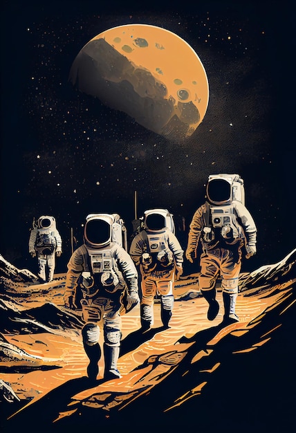 A painting of astronauts walking on a moonlit planet.