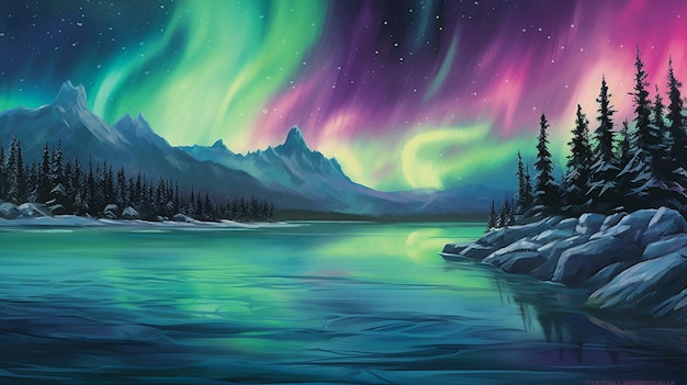 A painting of a aurora borealis above a river.