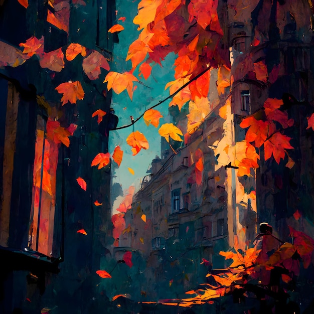 Painting of autumn leaves in Paris France Oil on canvas