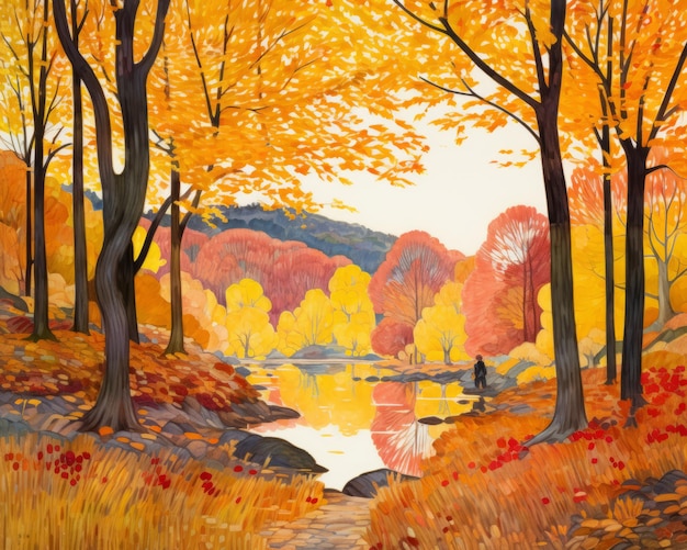 a painting of an autumn scene with trees and water