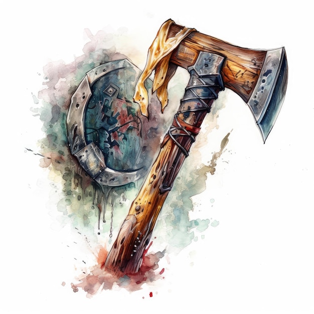 A painting of a axe with a shield in the center.