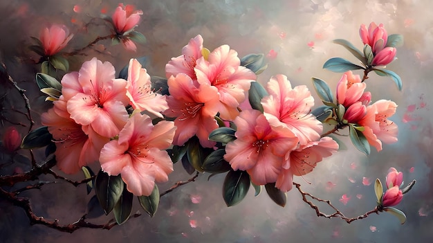 Photo a painting of azaleas bloom on a branch with leaves