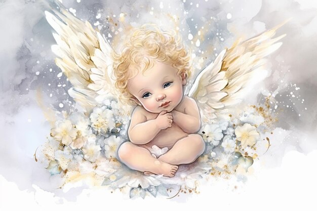 Foto dipinto di un bambino angelo con ali bianche e un halo generativo ai