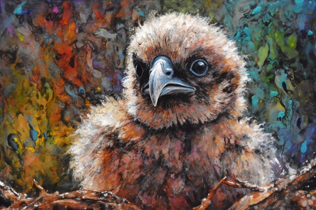 A painting of a baby bird with a blue eye and a chain around it.