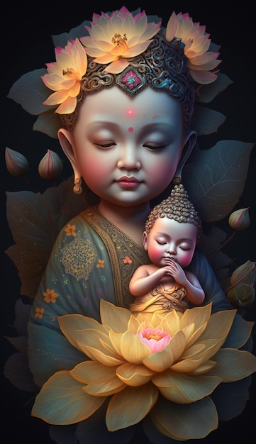 Foto dipinto di un bambino buddha che tiene un bambino in un fiore di loto generativo ai