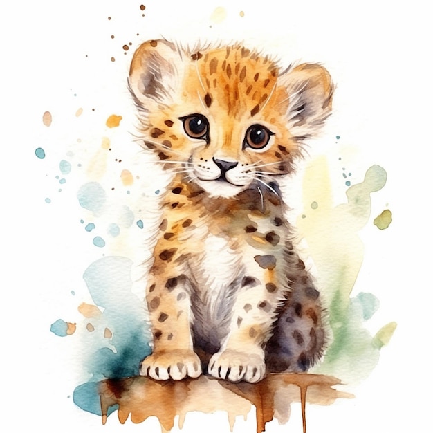 painting of a baby cheetah sitting on a branch generative ai