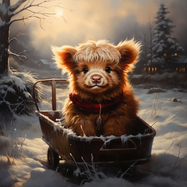painting of a baby cow in a wagon in the snow generative ai