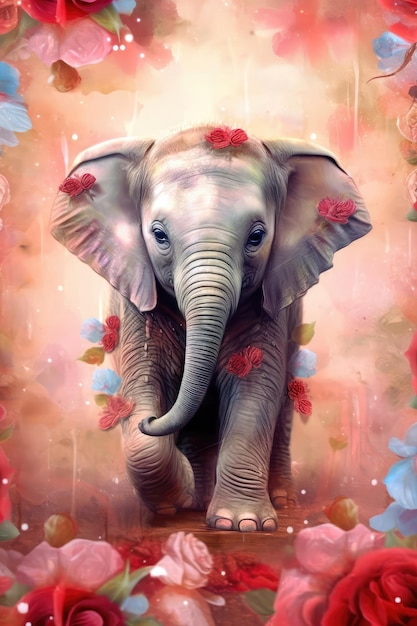 A painting of a baby elephant with flowers on it.