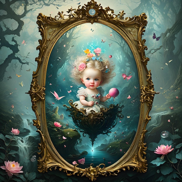 a painting of a baby in a frame with flowers and butterflies