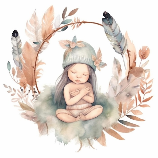 Photo a painting of a baby girl sitting in a wreath with feathers generative ai