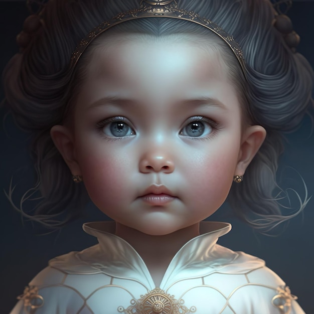 A painting of a baby girl with blue eyes and a gold necklace.