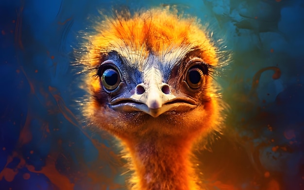 A painting of a baby ostrich with a blue background and a blue background.