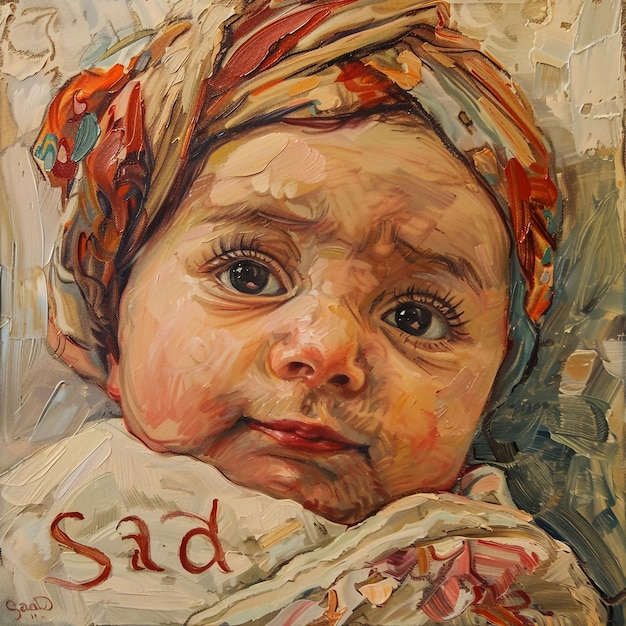 a painting of a baby with the word sad on it