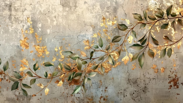 Painting background Retro nostalgic golden brushstrokes Textured background Oil on canvas Modern Floral leaves in green and gray Wallpaper poster card mural carpet hanging print
