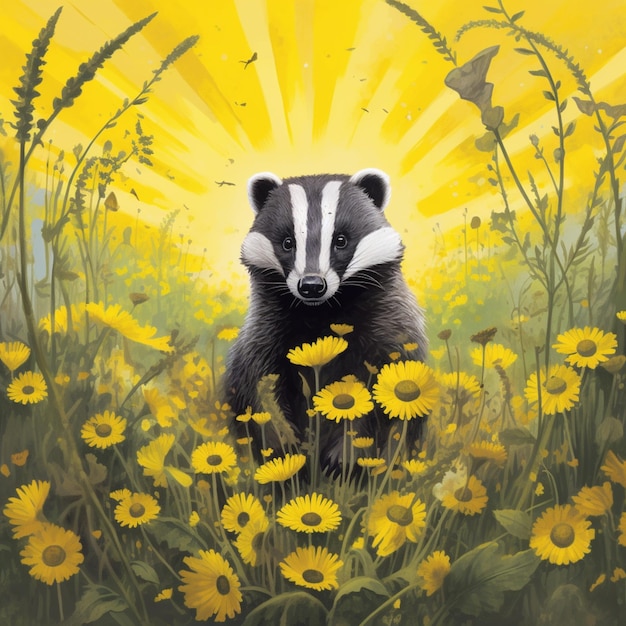 A painting of a badger in a field of flowers