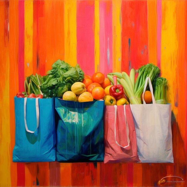 A painting of a bag of vegetables and a red and yellow striped wall.