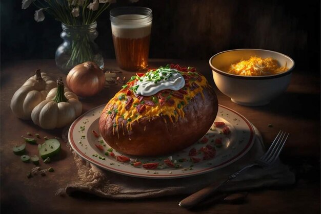 A painting of a baked potato with cheese on it