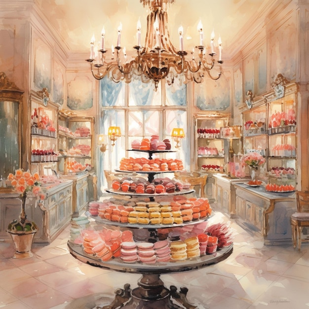 Painting of a bakery with a chandelier and a lot of pastries generative ai