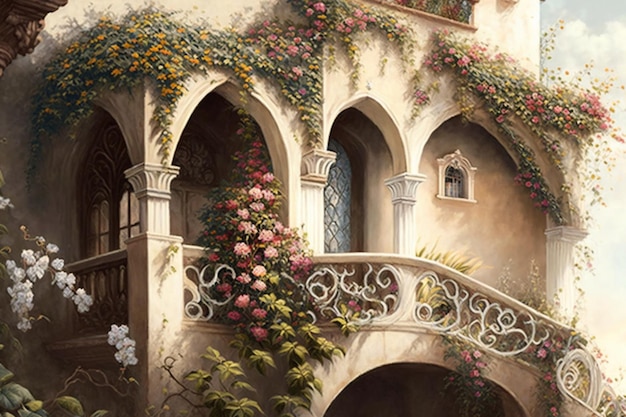 A painting of a balcony with flowers on it