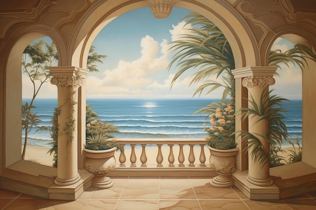 A painting of a balcony with a view of the ocean.