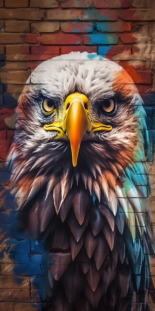 Painting of a bald eagle on a brick wall with a brick wall in the background generative ai