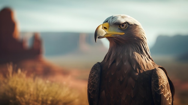 A painting of a bald eagle in a desert landscape