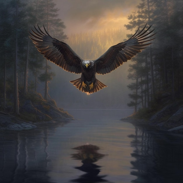 Painting of a bald eagle flying over a lake in a forest generative ai