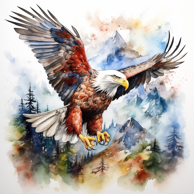 painting of a bald eagle flying over a mountain range generative ai