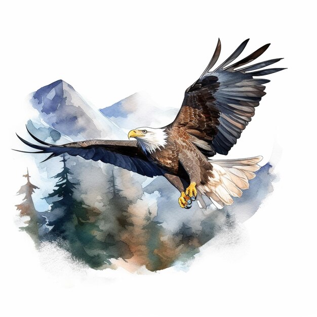 painting of a bald eagle flying over a mountain range generative ai