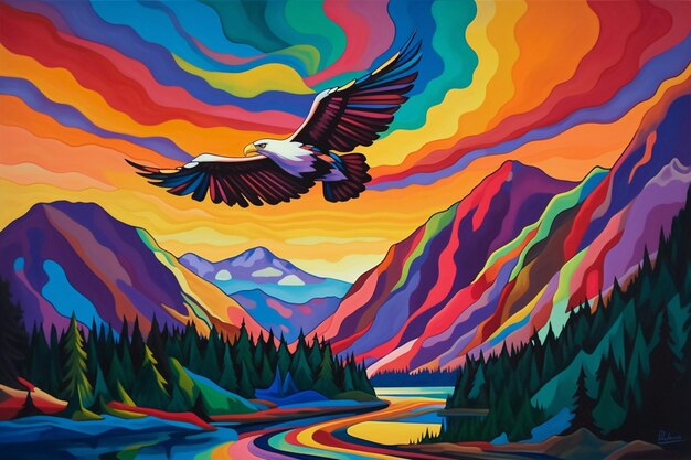 A painting of a bald eagle flying over a mountain range