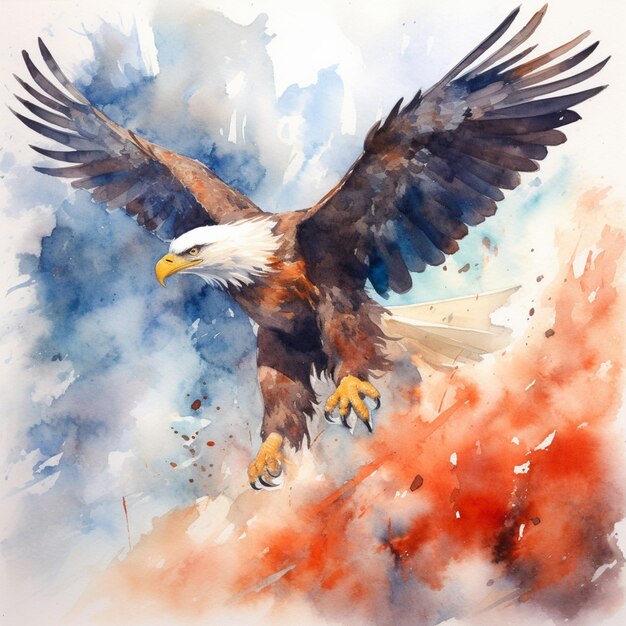 painting of a bald eagle flying over a mountain with a red cloud generative ai